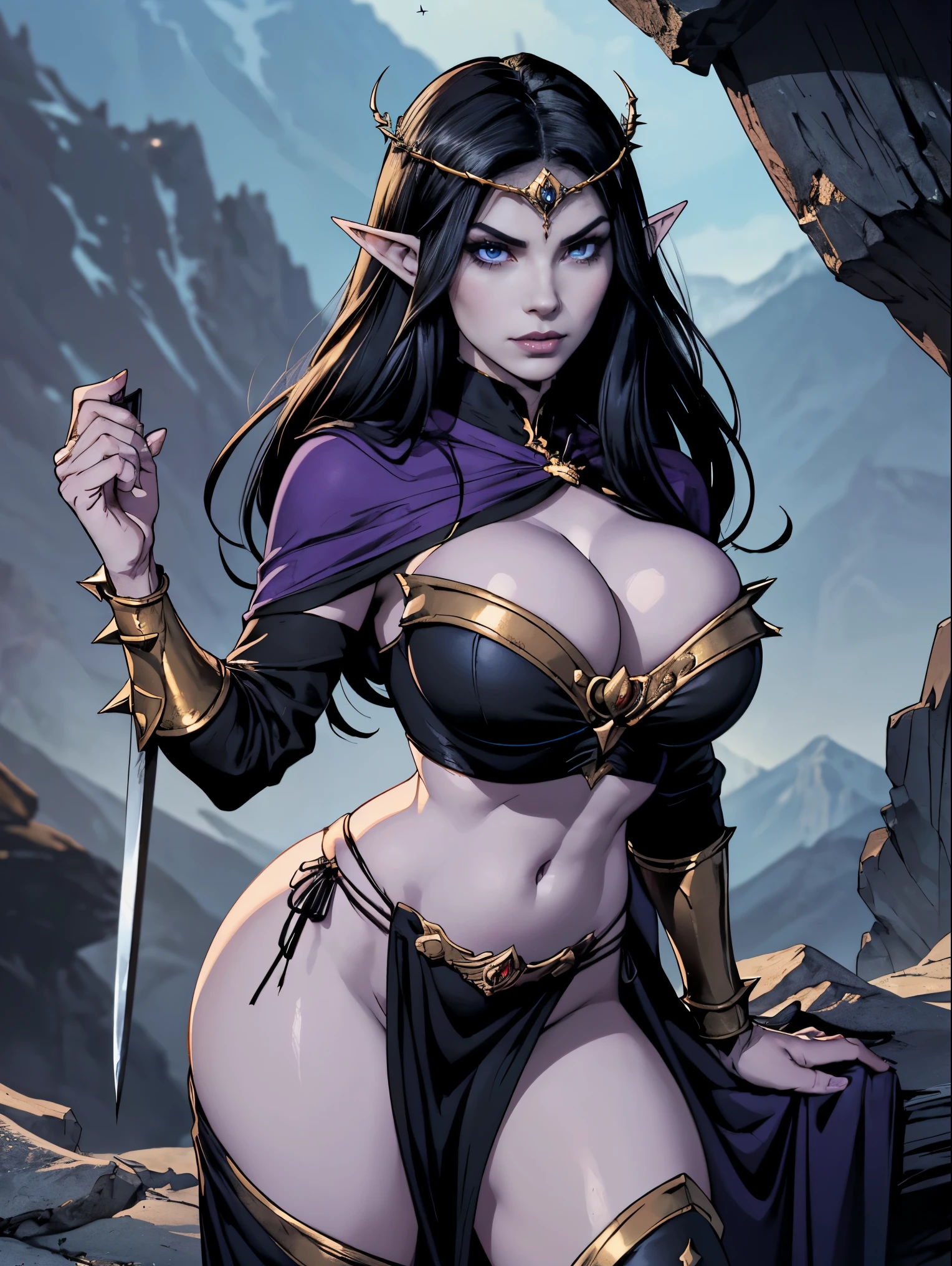 (masterpiece, top quality, best quality, official art, beautiful and aesthetic:1.2), (1girl:1.3), ((Sharp facial features, sharp features, hawkish features)), ((big hair, long elf ears, long black hair)), (((pale purple skin, pale blue skin, blue skin, purple skin))), big tiddy dark elf girl, extremely detailed, portrait, looking at viewer, solo, (full body:0.6), detailed background, full-body shot, (cold night mountain theme:1.1), dark elf war dancer, (spiky winged headdress), charlatan, smirk, mysterious, swaying in mountains, skimpy attire, revealing gladiatrix costume, ebony metal, gold filigree, gold bikini, circlet, metal bikini, long boots, dual knives, blood red fabric, pelvic curtain, loincloth, black leather, ((((gigantic breasts, cleavage, skindentation, long legs, pelvic curtain)))), cute belly button, toned tummy, slim waist, slim hips, long legs, medieval (mountain exterior:1.1) background, dark mysterious lighting, shadows, magical atmosphere, dutch angle