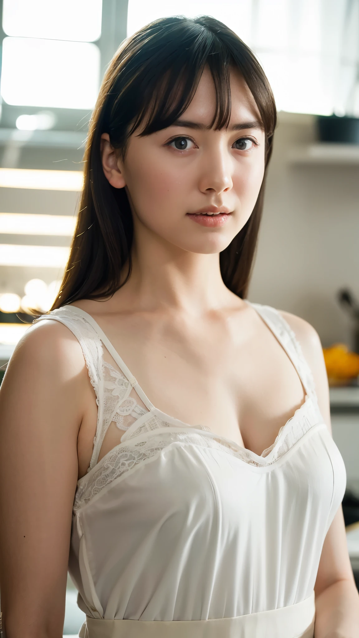 "(highest quality,8K,High resolution,masterpiece:1.2),Super detailed,(realistic,photorealistic,photo-realistic:1.37),soft focus,18-year-old,beautiful and detailed face,Detail view,renaissance art,delicate artwork,kitchen,kitchen apron,age girl,seductive lingerie,Gentle milk dripping onto my chest, Bright colors,studio lighting"