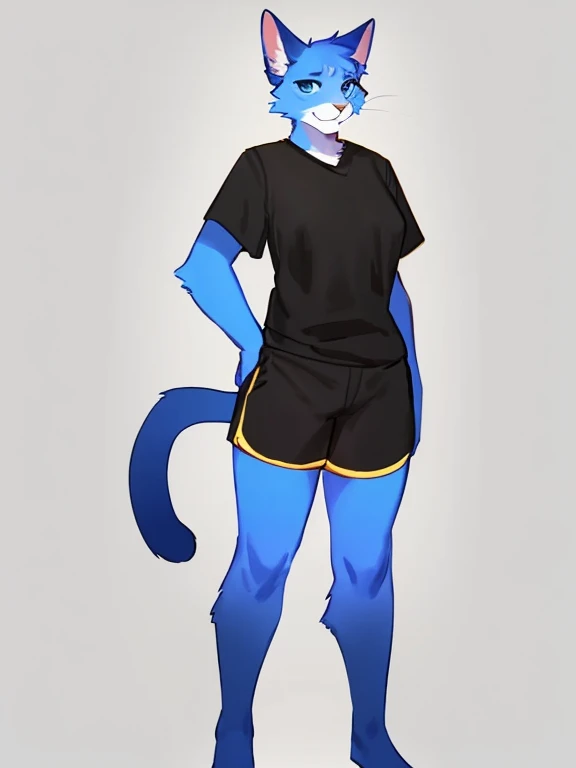 By bebebebebe, by lostgoose, by goonie-san, solo, female, feline, cat, blue fur, blue eyes, black and yellow shirt, shorts, standing, facing viewer
