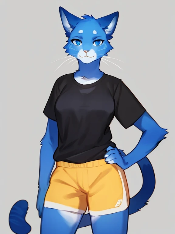 By bebebebebe, by lostgoose, by goonie-san, solo, female, feline, cat, blue fur, blue eyes, black and yellow shirt, shorts, standing, facing viewer