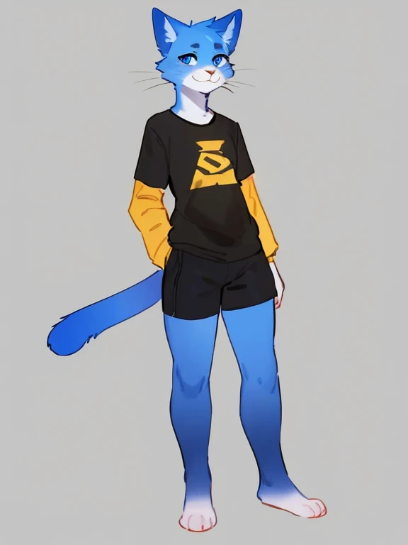 By bebebebebe, by lostgoose, by goonie-san, solo, female, feline, cat, blue fur, blue eyes, black and yellow shirt, shorts, standing, play futbal,facing viewer