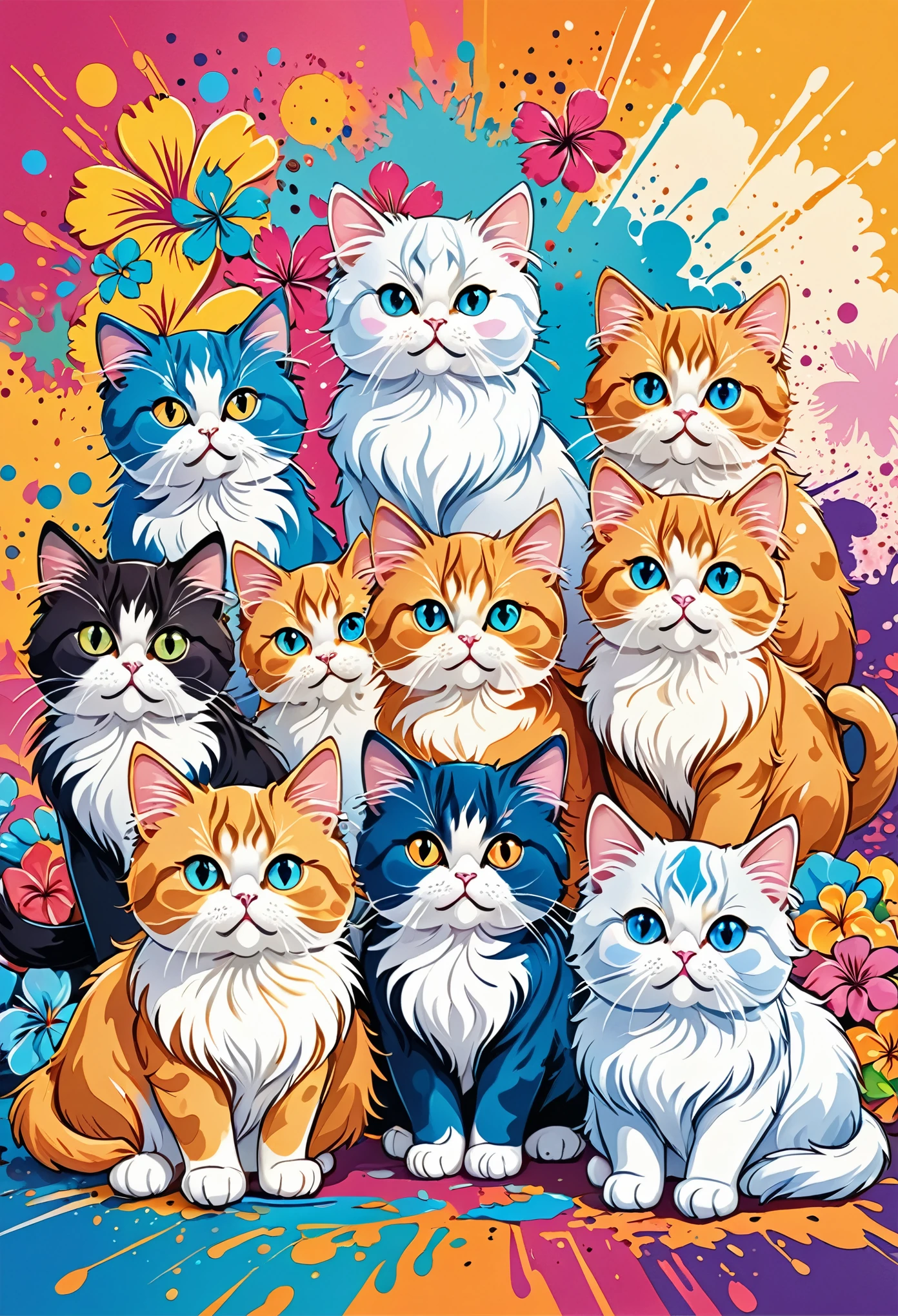 Vector Art, Colorful illustration with lots of cute Persian cats, In the center, Vibrant colors, Paint splatters and stains, High Detail,Hawaiian style background
