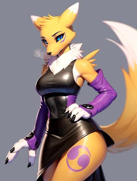 (furry Art, Uploaded On E621:1.4), Masterpiece, (best Quality:1.2), Simple Background, Detailed Image, Colorful, Vibrant Colors, Detailed Face, Perfect Lighting, Perfect Shadows, Perfect Eyes, Girl Focus, Perfect Hair, Blue Eyes, Perfect Face, Medium Breasts, Gorgeous Body, Hourglass Body, Shiny Body, 1girl, Solo, Center Focus, Renamon, Fox Ears, Tattoo, Fox Tail, Facial Mark, Fox Girl, Claws, Furry, Colored Sclera, Furry Female, Black Sclera, Body Fur, White Fur, Yin Yang, Animal Nose, Long Snout, Two-tone Fur, Digimon (creature), Yellow Fur, Upper Body, Cropped Torso, Steaming Body, (one Tail:1.8) (((seductive, Leather Skirt, Leather Sports Bra, Bare Shoulder, Bridal Gauntlets, Sleeves)))