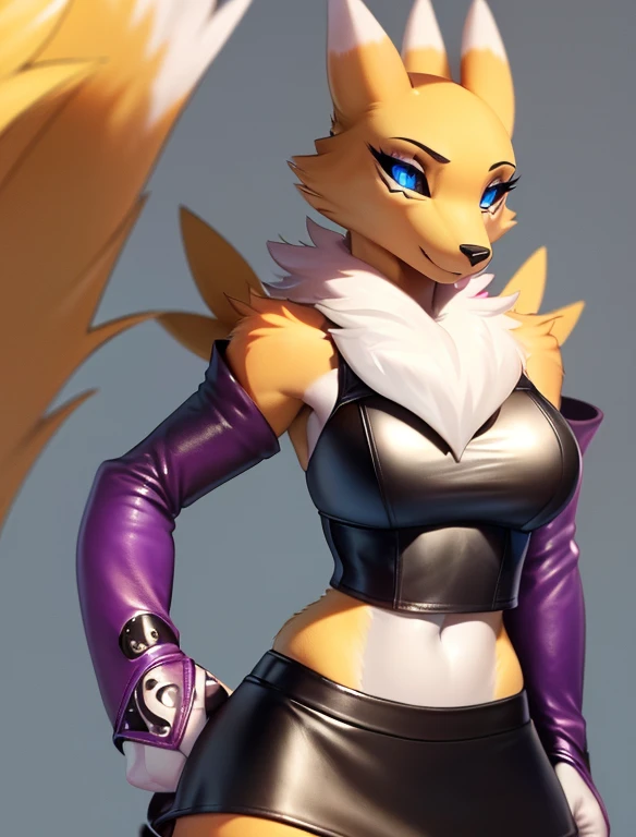 (furry Art, Uploaded On E621:1.4), Masterpiece, (best Quality:1.2), Simple Background, Detailed Image, Colorful, Vibrant Colors, Detailed Face, Perfect Lighting, Perfect Shadows, Perfect Eyes, Girl Focus, Perfect Hair, Blue Eyes, Perfect Face, Medium Breasts, Gorgeous Body, Hourglass Body, Shiny Body, 1girl, Solo, Center Focus, Renamon, Fox Ears, Tattoo, Fox Tail, Facial Mark, Fox Girl, Claws, Furry, Colored Sclera, Furry Female, Black Sclera, Body Fur, White Fur, Yin Yang, Animal Nose, Long Snout, Two-tone Fur, Digimon (creature), Yellow Fur, Upper Body, Cropped Torso, Steaming Body, (one Tail:1.8) (((seductive, Leather Skirt, Leather Sports Bra, Bare Shoulder, Bridal Gauntlets, Sleeves)))