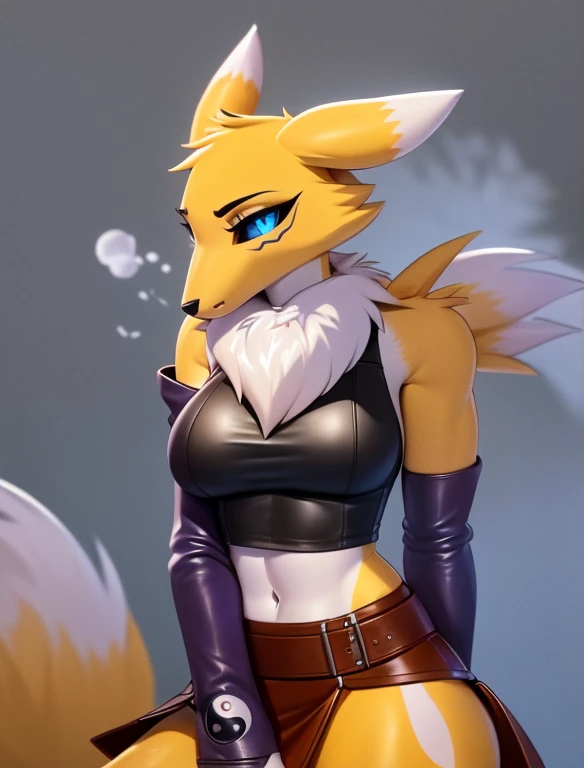 (furry Art, Uploaded On E621:1.4), Masterpiece, (best Quality:1.2), Simple Background, Detailed Image, Colorful, Vibrant Colors, Detailed Face, Perfect Lighting, Perfect Shadows, Perfect Eyes, Girl Focus, Perfect Hair, Blue Eyes, Perfect Face, Medium Breasts, Gorgeous Body, Hourglass Body, Shiny Body, 1girl, Solo, Center Focus, Renamon, Fox Ears, Tattoo, Fox Tail, Facial Mark, Fox Girl, Claws, Furry, Colored Sclera, Furry Female, Black Sclera, Body Fur, White Fur, Yin Yang, Animal Nose, Long Snout, Two-tone Fur, Digimon (creature), Yellow Fur, Upper Body, Cropped Torso, Steaming Body, (one Tail:1.8) (((seductive, Leather Skirt, Leather Sports Bra, Bare Shoulder, Bridal Gauntlets, Sleeves)))