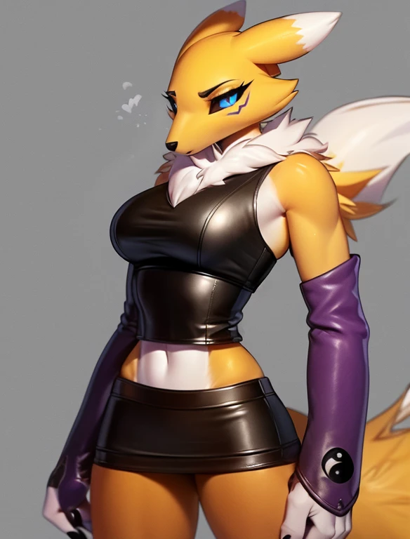 (furry Art, Uploaded On E621:1.4), Masterpiece, (best Quality:1.2), Simple Background, Detailed Image, Colorful, Vibrant Colors, Detailed Face, Perfect Lighting, Perfect Shadows, Perfect Eyes, Girl Focus, Perfect Hair, Blue Eyes, Perfect Face, Medium Breasts, Gorgeous Body, Hourglass Body, Shiny Body, 1girl, Solo, Center Focus, Renamon, Fox Ears, Tattoo, Fox Tail, Facial Mark, Fox Girl, Claws, Furry, Colored Sclera, Furry Female, Black Sclera, Body Fur, White Fur, Yin Yang, Animal Nose, Long Snout, Two-tone Fur, Digimon (creature), Yellow Fur, Upper Body, Cropped Torso, Steaming Body, (one Tail:1.8) (((seductive, Leather Skirt, Leather Sports Bra, Bare Shoulder, Bridal Gauntlets, Sleeves)))