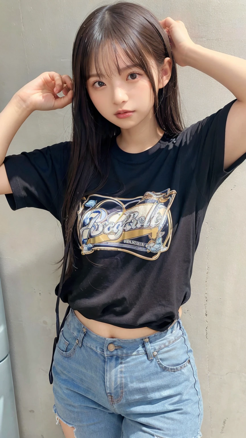 8K quality、High definition、Realistic skin texture、High definitionの瞳、Princess hair、slender、Small and young breasts、Realistic lips、Thin legs、Sweating profusely、Sweat in the chest、Oversized T-shirt、Shapely legs、、Clear skin、Bare legs、Beautiful belly button、hot pants、Open your mouth(1.2)、Close your eyes