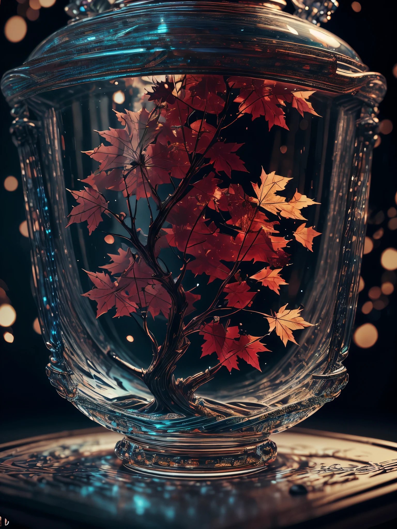 Super Detail, High Detail, Ultra HD,The finest details, best quality,Realism,Glass sculpture masterpiece of red maple tree,HD textures, water, luminescent, fantasy, high quality, The finest details, best quality, 4K, 8k,