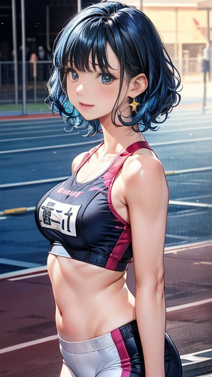 (((highest quality)), ((masterpiece)), (Very detailed), (Very high resolution), (Beautiful detailed sparkle), ((Anatomically correct)), (Ultra-high-definition CG)), ((Realistic)),
8k, Anime 2D Rendering, Ultra-detailed art, Perfect Line Drawing, Beautiful line art,
One Woman:1.5,
(Symmetrical facial features:1.4, Perfect Face), Beautiful clavicle, (Beautiful fingers, Five perfect fingers), (((Beautiful breasts, Slightly smaller chest))),
Beautiful body, Beautiful thighs, Beautiful feet, Perfect round butt, (((Detailed skin, Textured skin, Beautiful shiny white skin))),
BREAK
(Baby Face, cute, 18-year-old),
Double eyelids, Natural eyebrows, Long eyelashes,
(Expression of fine eyes, Beautiful and delicate eyes, Sparkling eyes, twinkle in the eyes, blue eyes),
(Beautiful Nose,Thin Nose),
(Glossy Lips, Beautiful Lips, thick lips),
(Beautiful Hair, Shiny Hair, Shiny Hair), Hair fluttering, (Blue Hair, blunt bangs, Short hair with outward curls:1.4),
BREAK
(track and field uniform:1.4)、Star-shaped earrings、
BREAK
(Enchanting、Embarrassed expression、Laughing expression), (Character Focus、breast focus), (look back、Look up here)