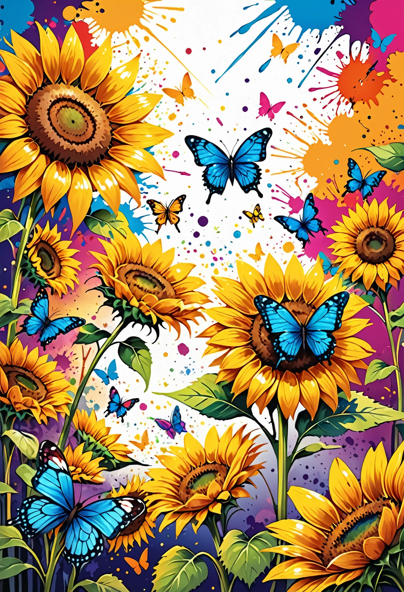 Vector Art, Colorful illustration with many butterflies, In the center, Vibrant colors, Paint splatters and stains, High Detail,sunflower background
