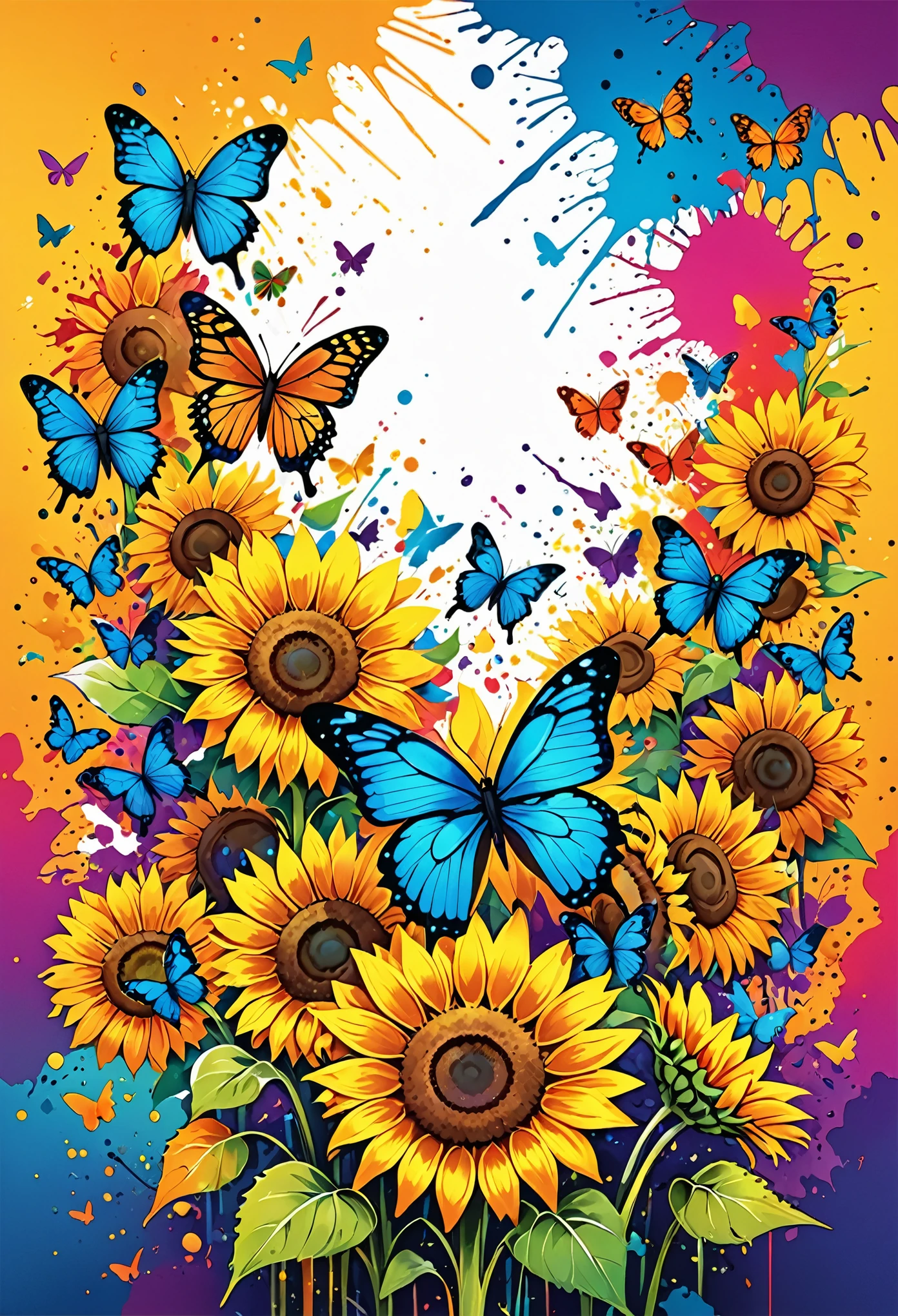Vector Art, Colorful illustration with many butterflies, In the center, Vibrant colors, Paint splatters and stains, High Detail,sunflower background