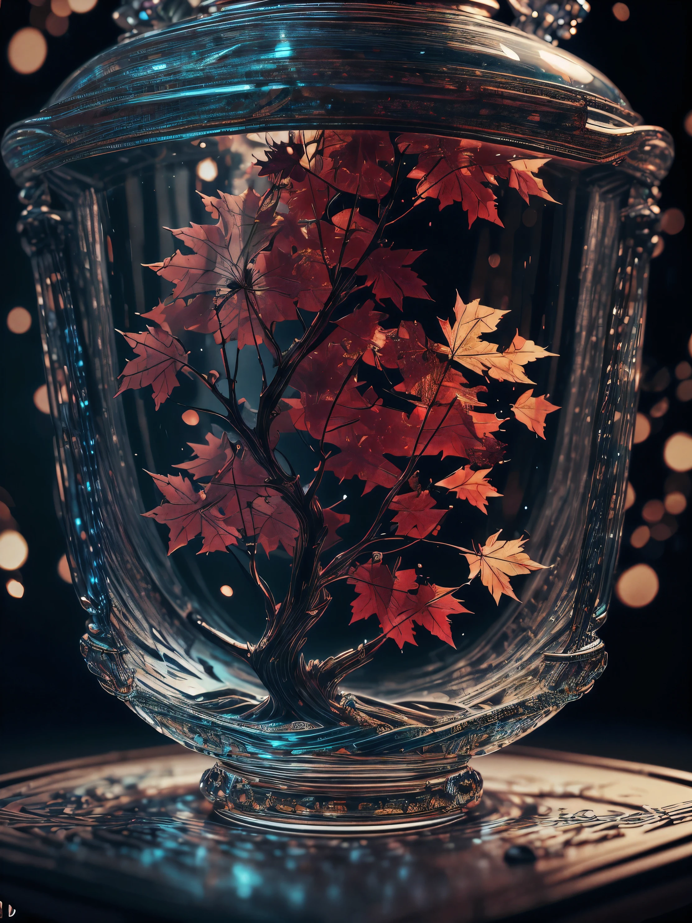 Super Detail, High Detail, Ultra HD,The finest details, best quality,Realism,Glass sculpture masterpiece of red maple tree,HD textures, water, luminescent, fantasy, high quality, The finest details, best quality, 4K, 8k,