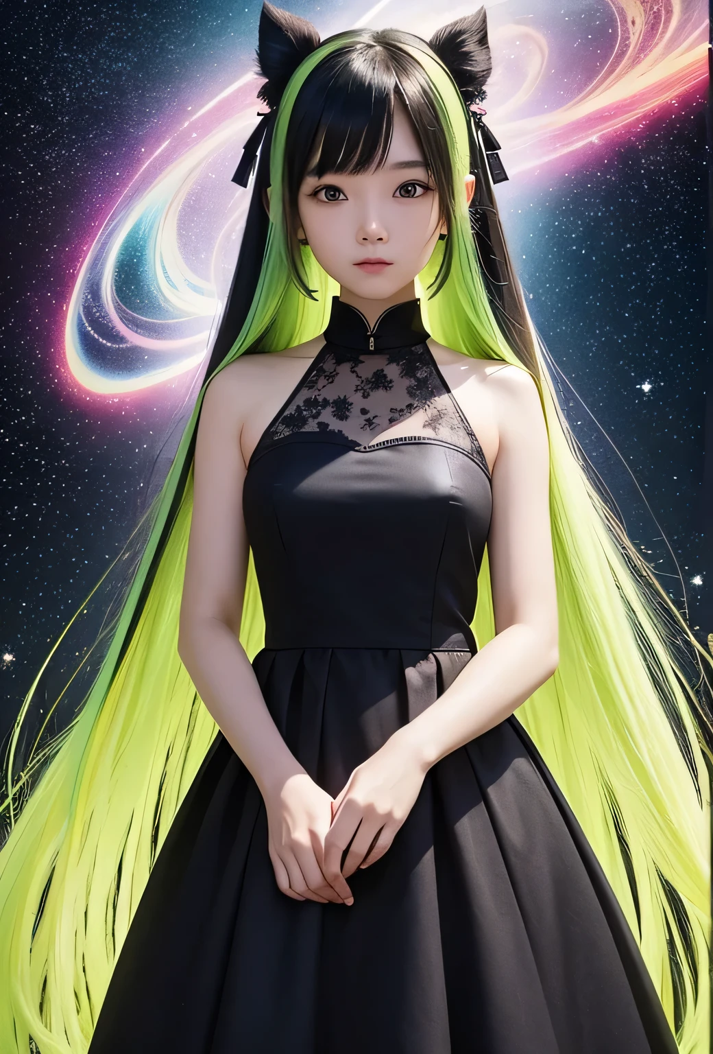 This image is、It depicts realistic anime-style characters designed with a vibrant color palette。The character is a young woman with big eyes and long hair.、Her hair is very distinctive、green、green、yellow、The neon colors such as pink are in a gradation.、Sparkling particles of light are scattered throughout。
The outfit is a simple black dress、The hem and cuffs、It is made of a transparent material just like hair.、It is designed to emit green and yellow light.。The details of the dress、It is decorated with detailed patterns and ornaments.、The style is reminiscent of starry skies and galaxies, creating a fantastical atmosphere.。
The background is simple black.、Designed to highlight the characters and their colorful features。This black background、The colors of the characters are used effectively to make them look even more vivid.。
Image ratio vertical 16、The technique is as follows:、Digital art techniques are used、The transparent texture of the hair and clothes is thought to have been drawn in detail using digital brushes.。Overall、This piece makes full use of digital tools to create vibrant colors and light effects.、Visually appealing artwork。
