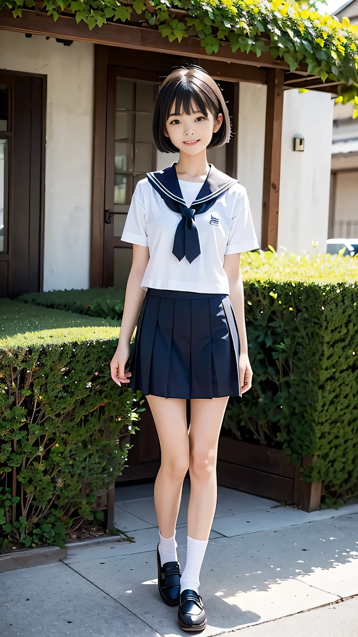 In the best quality、Japanese、Teenage girl standing outdoors。Perfect Anatomy、Correct limbs、High resolution、Beautiful details、Quiet atmosphere。(((Black Bob Hair)))、Cute Smile。Big Eyes、Long eyelashes、Torn white short-sleeved sailor uniform、Navy blue pleated skirt、Navy blue socks、Brown Loafers、Random Pause