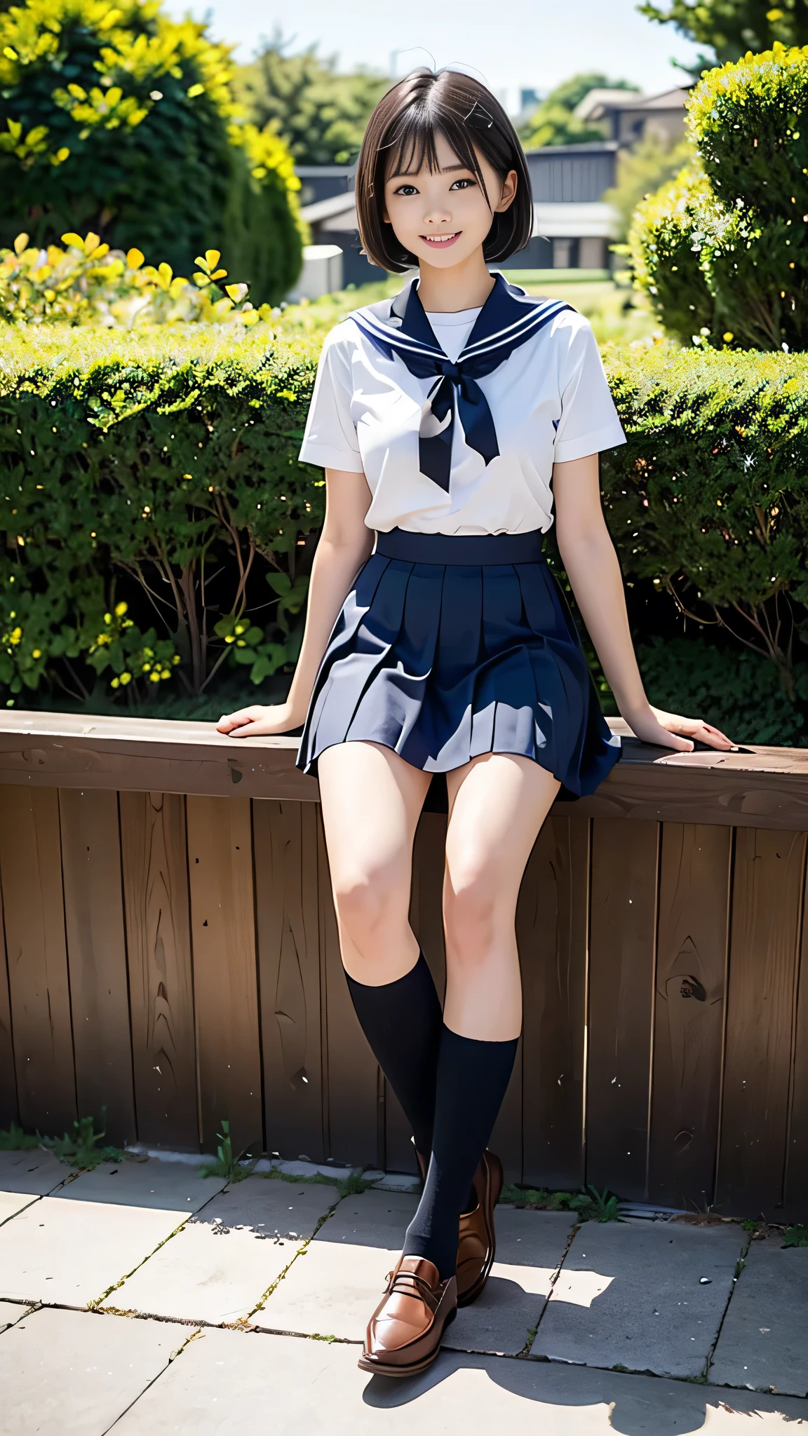 In the best quality、Japanese、Teenage girl standing outdoors。Perfect Anatomy、Correct limbs、High resolution、Beautiful details、Quiet atmosphere。(((Black Bob Hair)))、Cute Smile。Big Eyes、Long eyelashes、Torn white short-sleeved sailor uniform、Navy blue pleated skirt、Navy blue socks、Brown Loafers、Random Pause