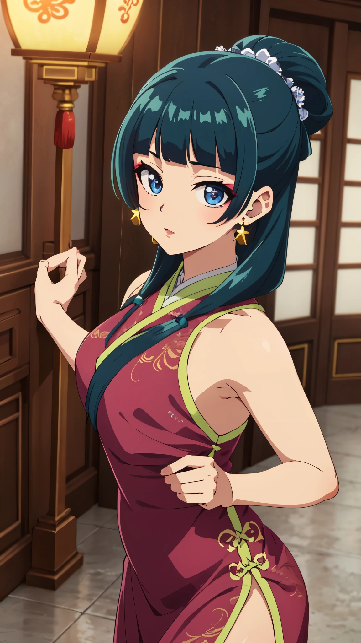 Top quality (8k, high resolution, masterpiece: 1.2), super detailed, anime art style, dynamic angle, teen style, (Chinese dress, exposed shoulders, makeup, earrings,, indoor,), detailed green hair, detailed blue eyes, intricate hairstyle, long hair , slim body, sparkling eyes, youthful, hair accessories, earrings, half-updo, slightly dull bangs, detailed lighting, bright colors, looking at the viewer, in the center of the image, cowboy shot,