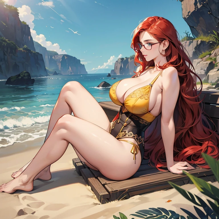 masterpiece , the best quality , 8k resolution, Intricate details , highly detailed , professional manufacturing , hight contrast , cinematic lighting , detailed back ground , vibrant , 1 girl , MILF , red hair, blue eyes, glasses , oppai proportions , awesome tits , huge breasts , beautiful , perfect , pretty , cute , sexy , full body , curvy physique , full lips , thin waist , thick thighs , detailed face , intricate face details , detailed hands , detailed legs , detailed feet , cleavage , yellow bikini, on the beach