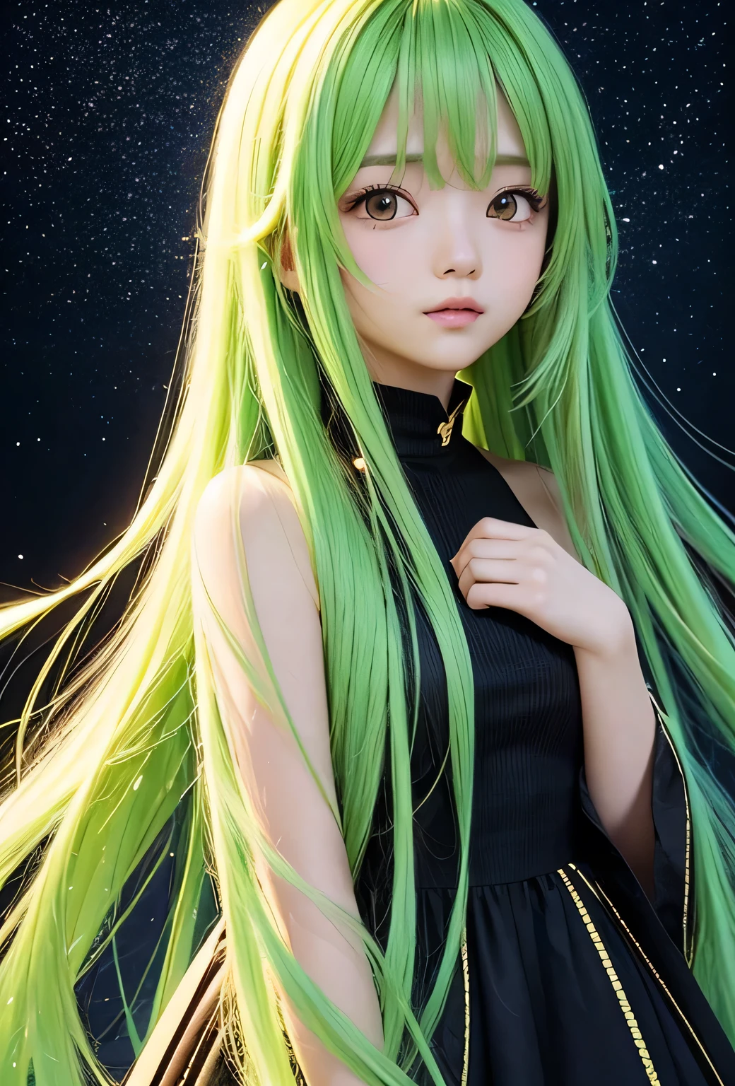 This image is、It depicts realistic anime-style characters designed with a vibrant color palette。The character is a young woman with big eyes and long hair.、Her hair is very distinctive、green、green、yellow、The neon colors such as pink are in a gradation.、Sparkling particles of light are scattered throughout。
The outfit is a simple black dress、The hem and cuffs、It is made of a transparent material just like hair.、It is designed to emit green and yellow light.。The details of the dress、It is decorated with detailed patterns and ornaments.、The style is reminiscent of starry skies and galaxies, creating a fantastical atmosphere.。
The background is simple black.、Designed to highlight the characters and their colorful features。This black background、The colors of the characters are used effectively to make them look even more vivid.。
Image ratio vertical 16、The technique is as follows:、Digital art techniques are used、The transparent texture of the hair and clothes is thought to have been drawn in detail using digital brushes.。Overall、This piece makes full use of digital tools to create vibrant colors and light effects.、Visually appealing artwork。