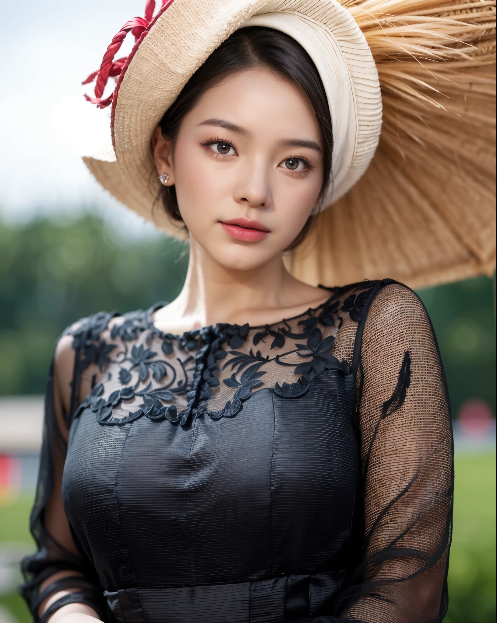 araffe woman wearing a hat and dress with a large hat on her head, beautiful south korean woman, wearing black dress and hat, wearing black old dress and hat, korean woman, korean women's fashion model, inspired by Sim Sa-jeong, gorgeous young korean woman, ao dai, beautiful young korean woman, gorgeous lady, inspired by Jeong Seon, (highly detailed face:1.4) (smile:0.7) (background inside dark, moody, private study:1.3) POV, by lee jeffries, nikon d850, film stock photograph ,4 kodak portra 400 ,camera f1.6 lens ,rich colors ,hyper realistic ,lifelike texture, dramatic lighting , cinestill 800