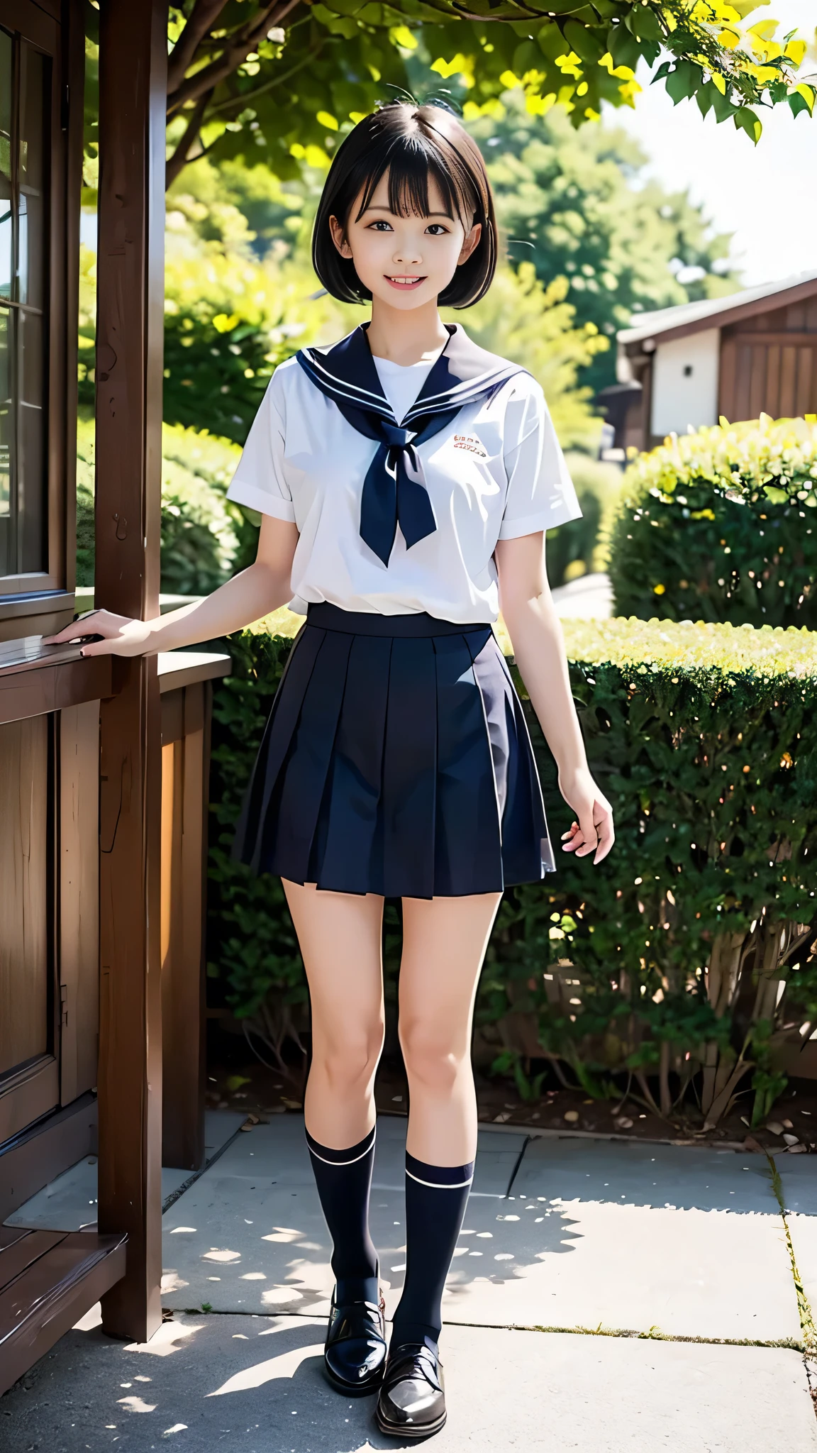 In the best quality、Japanese、Teenage girl standing outdoors。Perfect Anatomy、Correct limbs、High resolution、Beautiful details、Quiet atmosphere。(((Black Bob Hair)))、Cute Smile。Big Eyes、Long eyelashes、Torn white short-sleeved sailor uniform、Navy blue pleated skirt、Navy blue socks、Brown Loafers、Random Pause