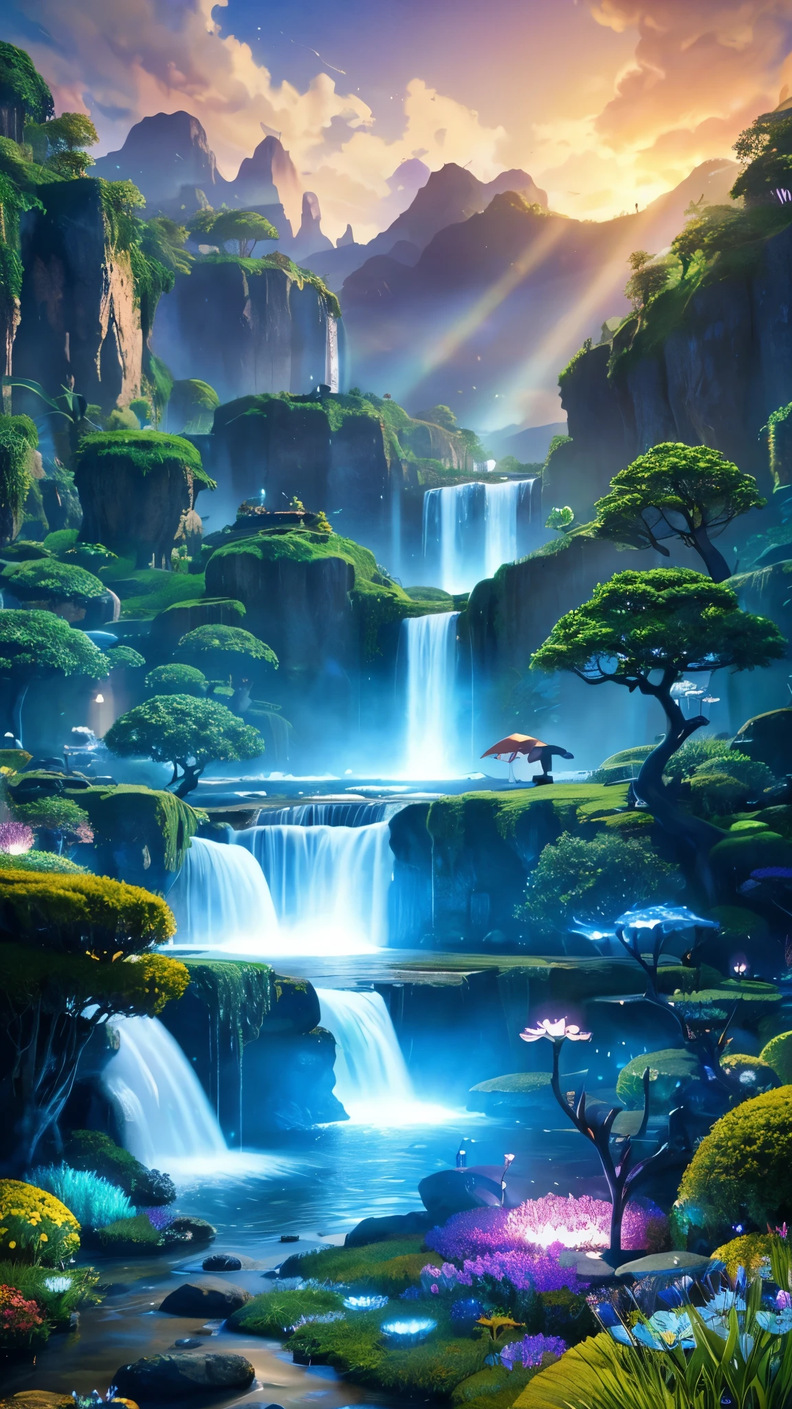 A waterfall in the middle of a forest with a waterfall in the middle ...