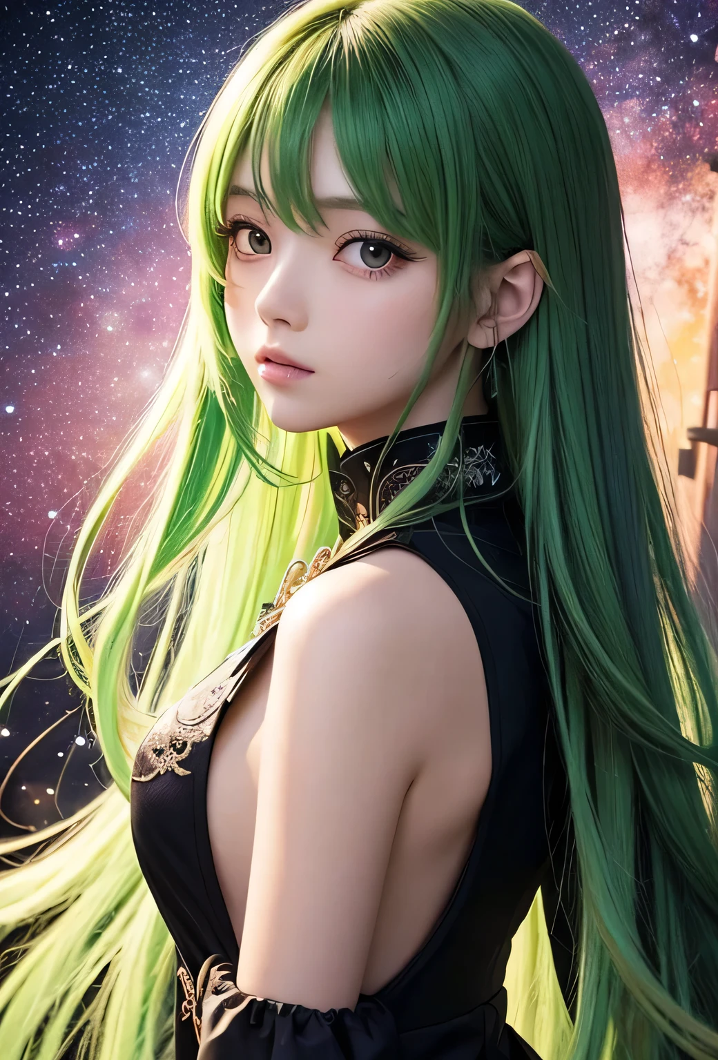 This image is、It depicts realistic anime-style characters designed with a vibrant color palette。The character is a young woman with big eyes and long hair.、Her hair is very distinctive、green、green、yellow、The neon colors such as pink are in a gradation.、Sparkling particles of light are scattered throughout。
The outfit is a simple black dress、The hem and cuffs、It is made of a transparent material just like hair.、It is designed to emit green and yellow light.。The details of the dress、It is decorated with detailed patterns and ornaments.、The style is reminiscent of starry skies and galaxies, creating a fantastical atmosphere.。
The background is simple black.、Designed to highlight the characters and their colorful features。This black background、The colors of the characters are used effectively to make them look even more vivid.。
Image ratio vertical 16、The technique is as follows:、Digital art techniques are used、The transparent texture of the hair and clothes is thought to have been drawn in detail using digital brushes.。Overall、This piece makes full use of digital tools to create vibrant colors and light effects.、Visually appealing artwork。