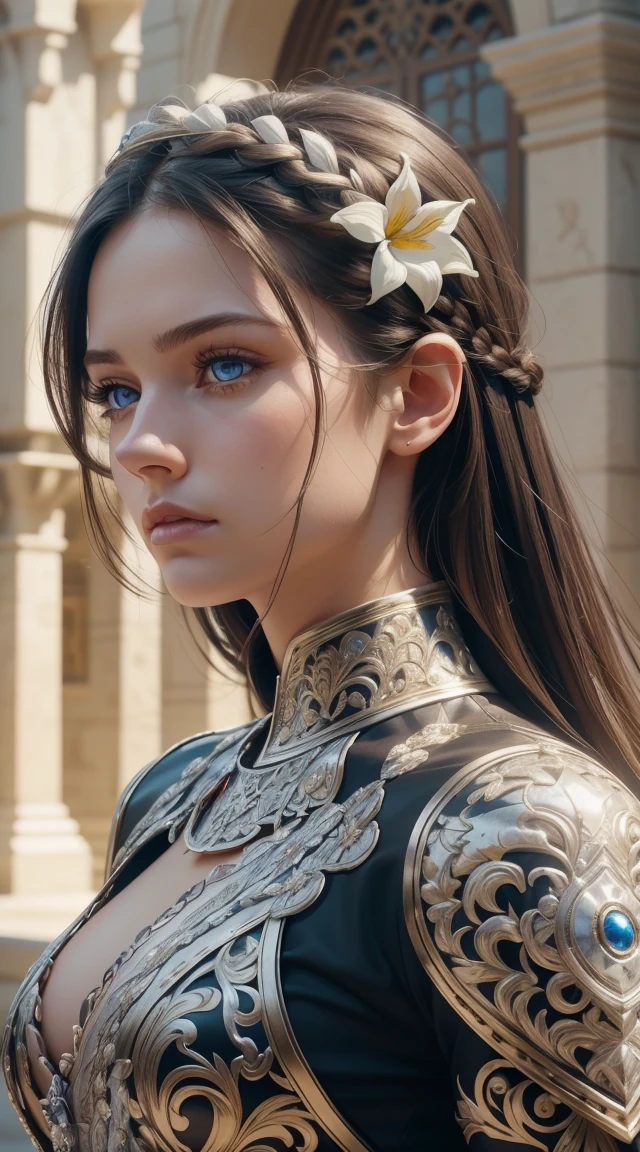 (32k), (masterpiece), (best quality),(extremely intricate), (realistic), (sharp focus), (award winning), (cinematic lighting),(extremely intricate:1.3), (realistic), 1girl, 18 year old, Caucasian (Beautiful face), blue eyes, perfect eyes, perfect iris, perfect pupils, perfect lips, perfect nose, perfect hands, very detailed hands, perfect fingers, black hair, short hair, straight hair, small braid in her hair, ((medieval super white armor)), metal reflections, (((super white armor))), outdoors, far away castle, (ornately decorated armor), (insanely detailed, bloom:1.5), chainmail, intense sunlight, professional photograph of a stunning woman detailed, sharp focus, award winning, cinematic lighting, blurry background, upper body, ((confident)), (Pose: looking at the camera), ((front view shot)), Portrait, Shield,