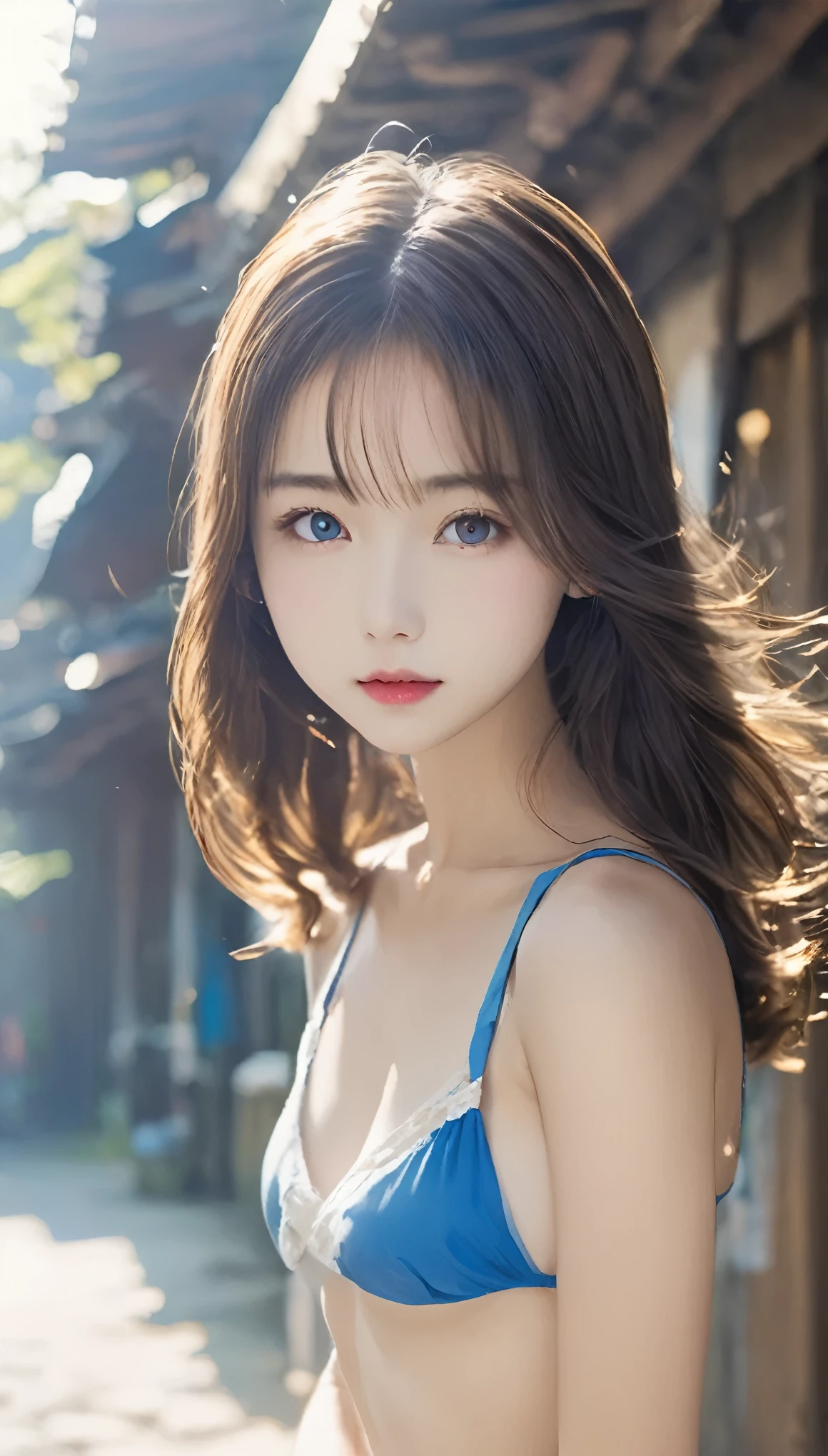Masterpiece、highest quality、Perfect Anatomy、Upper body from the knee up:1.5、One Girl、Japanese Girls、Beautiful gray eyes、Detailed eyes、Fuller lips、Red lips、Golden ratio face、An ennui look、Small breasts、Beautiful belly button、The belly button is visible、Blue camisole、Navel、Random pose、Blurred Background、すごくBlurred Background、Watercolor-like background