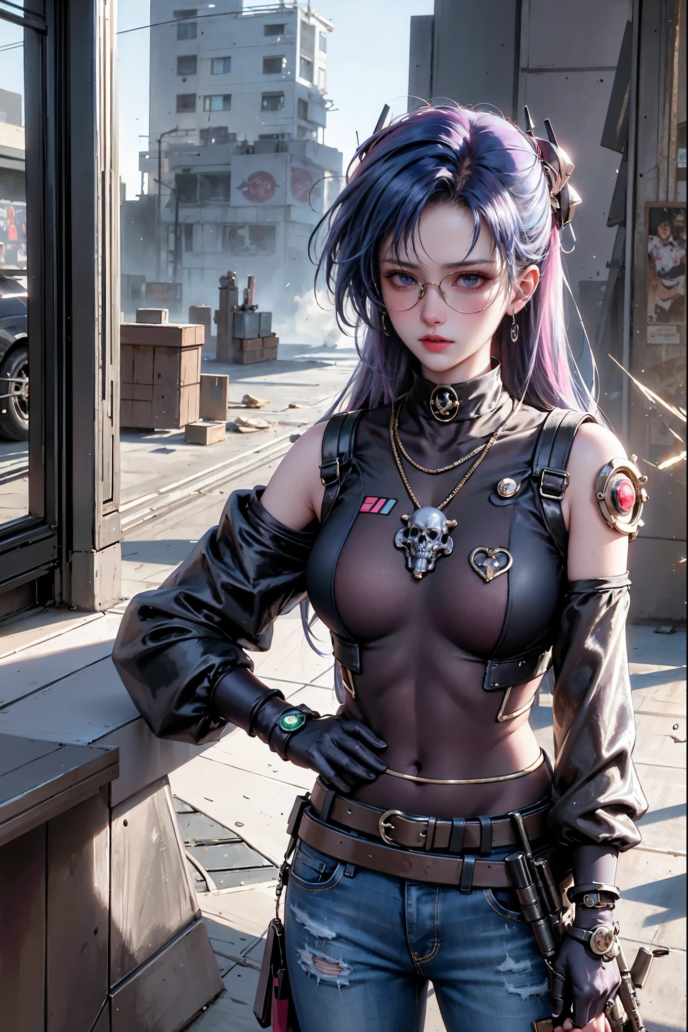 A striking and futuristic cyberpunk 2077-inspired scene captures two captivating characters in a gritty urban setting. The young woman, with her vibrant rainbow hair, pink sunglasses, and eye-catching jacket, gazes intently into the distance while clutching a mysterious device in her hand. Standing beside her, an older man with striking blue-green hair and a colorful beard, dons sunglasses and nonchalantly smokes a cigarette. The weathered wall behind them is adorned with an eclectic mix of skulls, a circular mirror, and other intriguing objects. The characters' cybernetic enhancements and metal fusions create a blend of modern technology and rustic charm. Their revealing clothing adds to the overall atmosphere of intrigue and allure. the woman has ample bosom and hips while the male is well built.