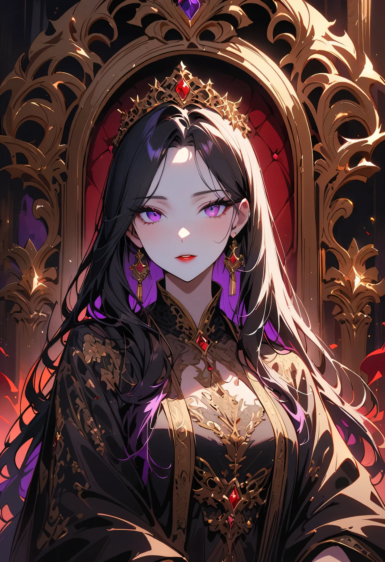 Gorgeous women,Crazy purple eyes,Red lipstick,Pure white skin,Black long hair,Gold silk embroidered robe,Dragon Throne,Court background,Luxurious decoration,obsessed,Innocent,Exquisite details,Dramatic lighting,Imperial Color。
