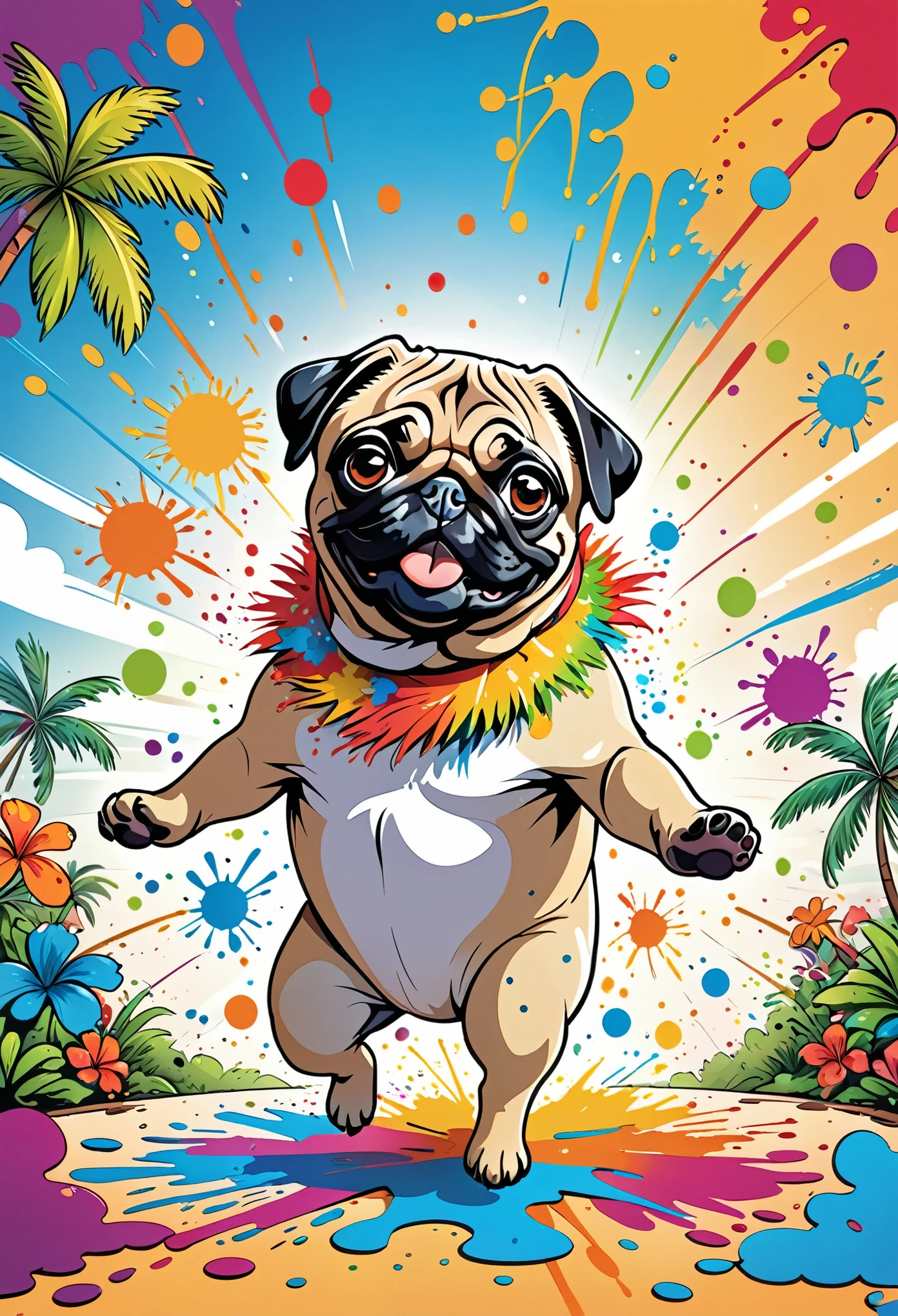 Vector Art, Cartoon pug dog color illustration with lots of dancing, In the center, Vibrant colors, Paint splatters and stains, High Detail,Hawaii Background
