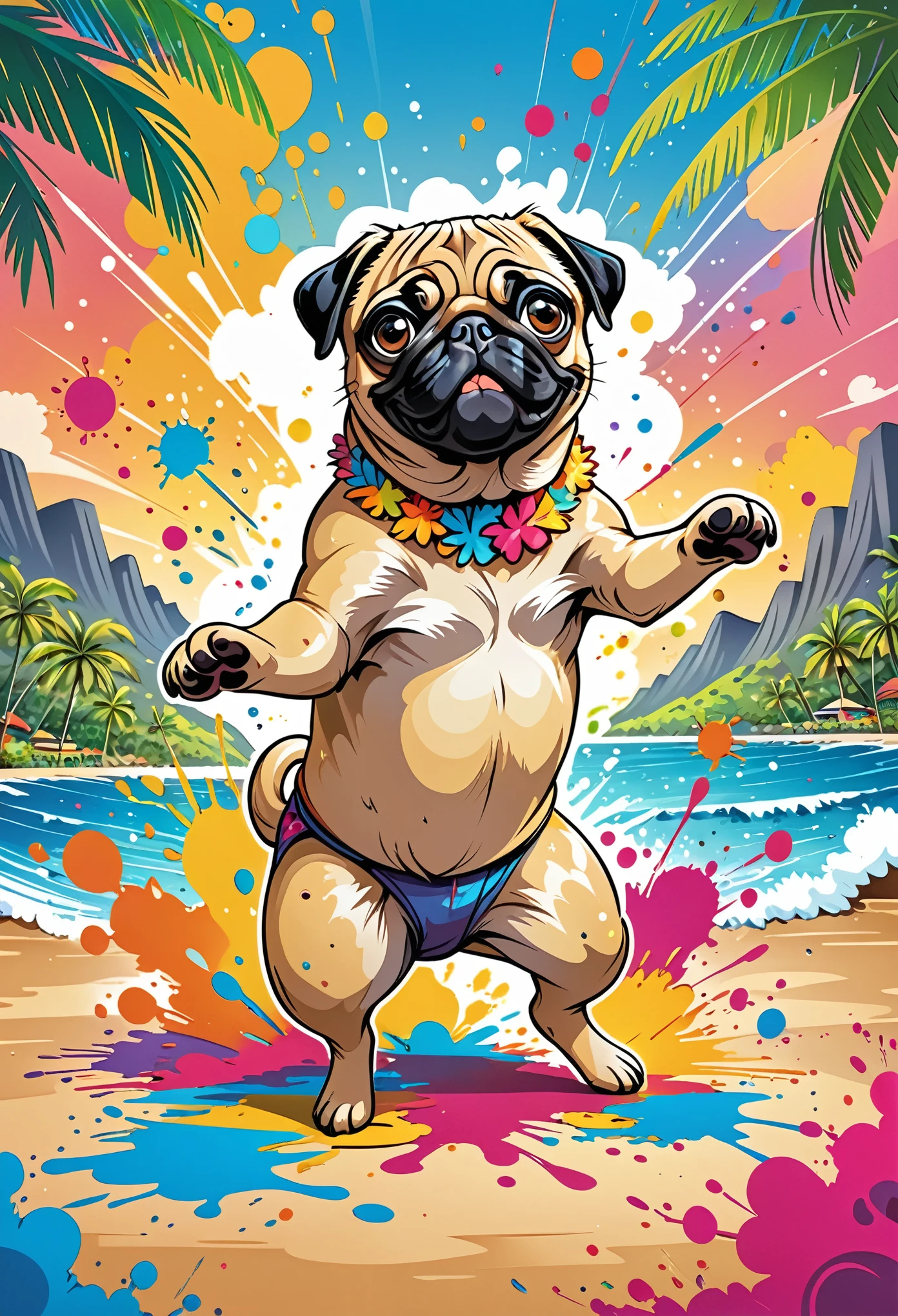 Vector Art, Cartoon pug dog color illustration with lots of dancing, In the center, Vibrant colors, Paint splatters and stains, High Detail,Hawaii Background