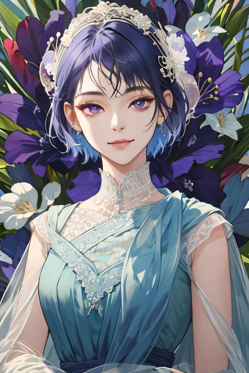 (extreamly delicate and beautiful:1.2), 8K,(masterpiece:1.0),(best_quality:1.0), 1 girl, and intricate detailing, Enlarged textures, and intricate detailing, finely eye and detailed face, and intricate detailing, shiraga, blue short hair, (closed mouths), Perfect eyes, Equal eyes, eyes smile, purple eyes (A famale god) with (masterpiece), best quality, with blue long dress 