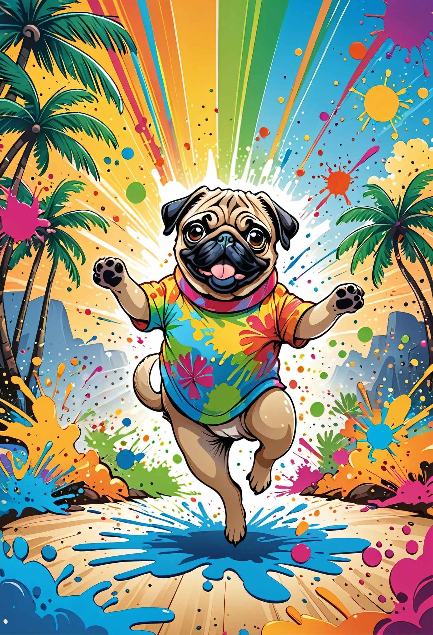 Vector Art, Cartoon pug dog color illustration with lots of dancing, In the center, Vibrant colors, Paint splatters and stains, High Detail,Hawaii Background