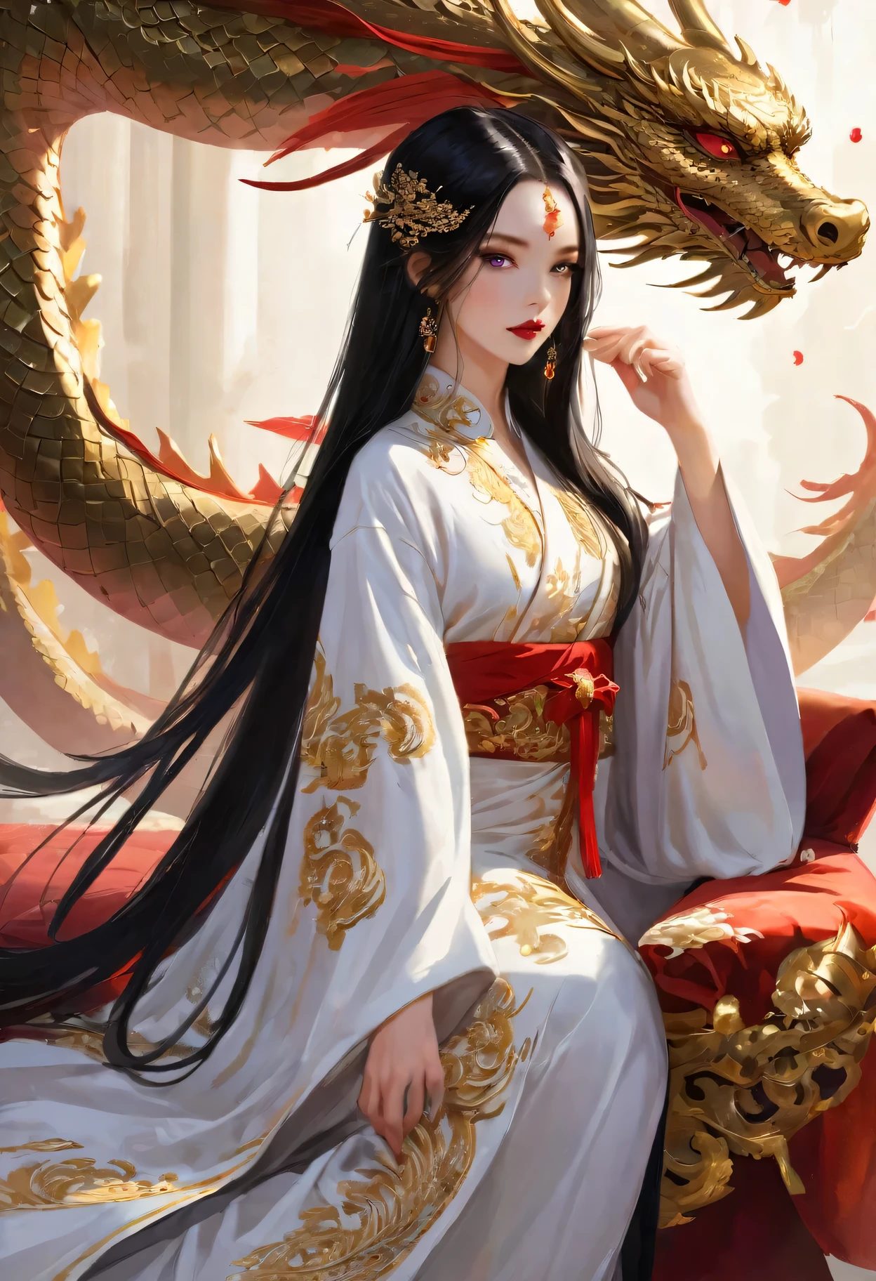 Gorgeous women,Crazy purple eyes,Red lipstick,Pure white skin,Black long hair,Gold silk embroidered robe,Dragon Throne,Court background,Luxurious decoration,obsessed,Innocent,Exquisite details,Dramatic lighting,Imperial Color。