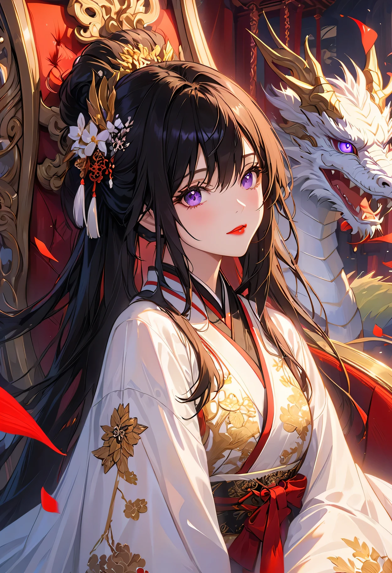 yandere girl,crazy purple eyes,red lipstick,pure white skin,long black hair,golden silk embroidered robe,dragon throne,palace background,luxurious decor,obsession,innocence,exquisite details,dramatic lighting,regal colors