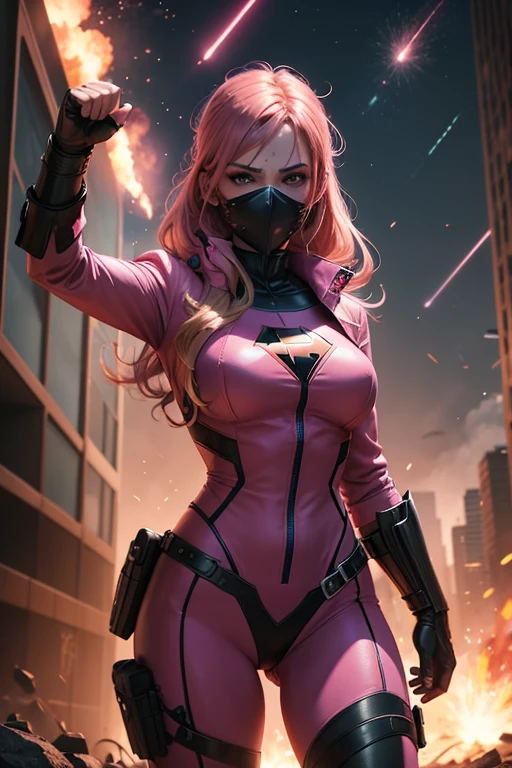 {A superheroine in a pink suit, fights a (masked villain)}, action {fighting a villain}, in a post-apocalyptic world, surrounded by zombies and explosions as a meteor shower falls around her.