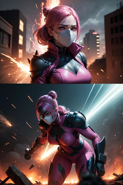 {A superheroine in a pink suit, fights a (masked villain)}, action {fighting a villain}, in a post-apocalyptic world, surrounded by zombies and explosions as a meteor shower falls around her.