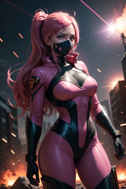 {A superheroine in a pink suit, fights a (masked villain)}, action {fighting a villain}, in a post-apocalyptic world, surrounded by zombies and explosions as a meteor shower falls around her.