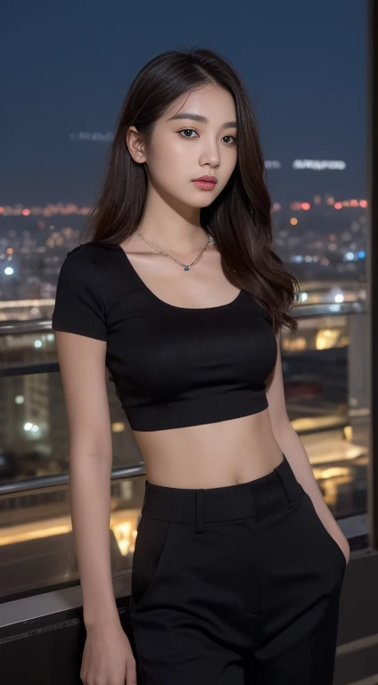 ((Midnight, Best quality, 8k, Masterpiece :1.3)), Whole body, Long legs, Sharp focus :1.2, A pretty woman with perfect figure :1.4, Slender abs :1.1, ((Dark brown hair, Big breasts :1.2)), (Crop top shirt, Low waist pants, Standing:1.2), ((Night city view, Rooftop:1.3)), Highly detailed face and skin texture, Detailed eyes, Double eyelid