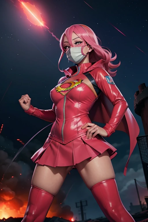 Combate de {A superheroine in a pink suit, fights a (masked villain)}, action {fighting a villain}, in a post-apocalyptic world, surrounded by zombies and explosions as a meteor shower falls around her.