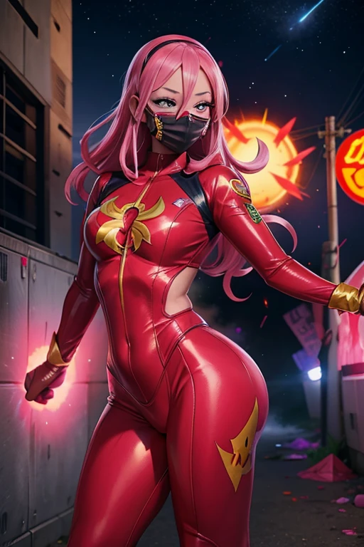 Combate de {A superheroine in a pink suit, fights a (masked villain)}, action {fighting a villain}, in a post-apocalyptic world, surrounded by zombies and explosions as a meteor shower falls around her.