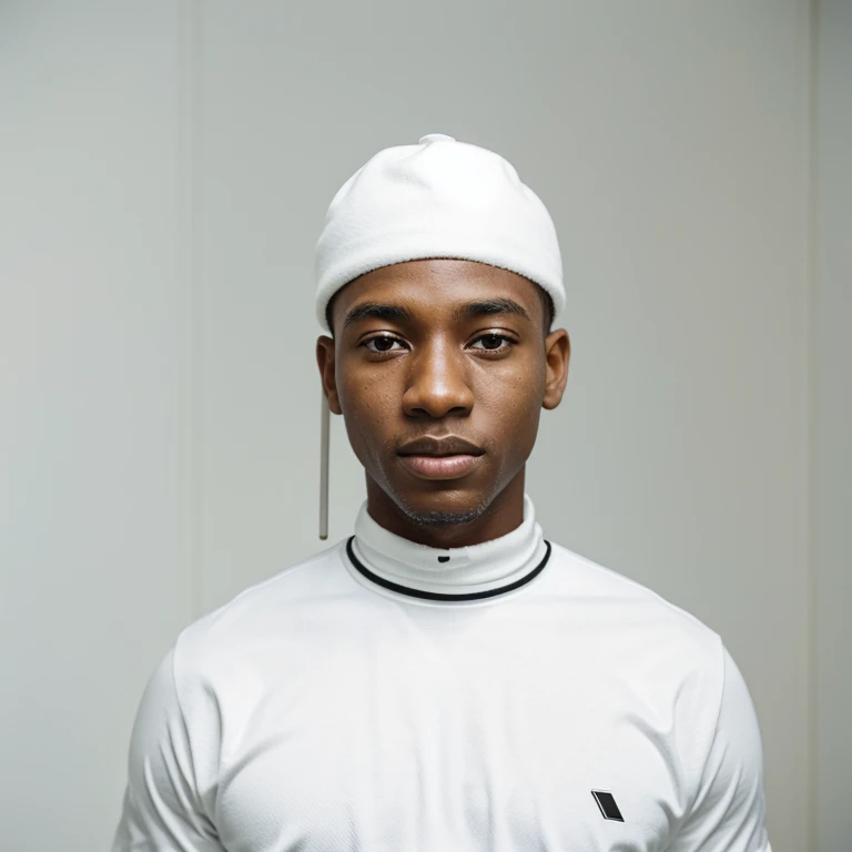 YOUNG BLACK MAN WITH A WHITE CLUB BULLET ON HIS HEAD IN A WHITE ROOM