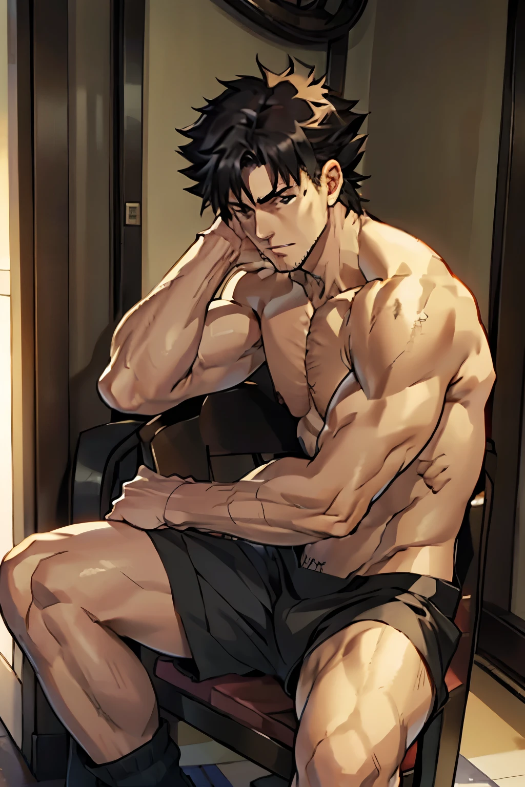 Emiya Kiritsugu is sitting and flexing his thighs shirtless. He is wearing black boxershorts.