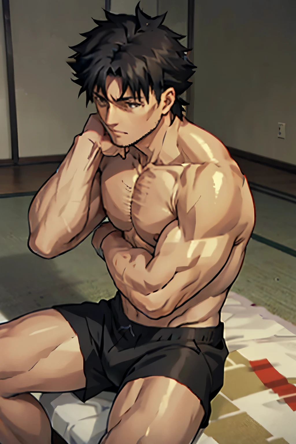 Emiya Kiritsugu is sitting and flexing his thighs shirtless. He is wearing black boxershorts.