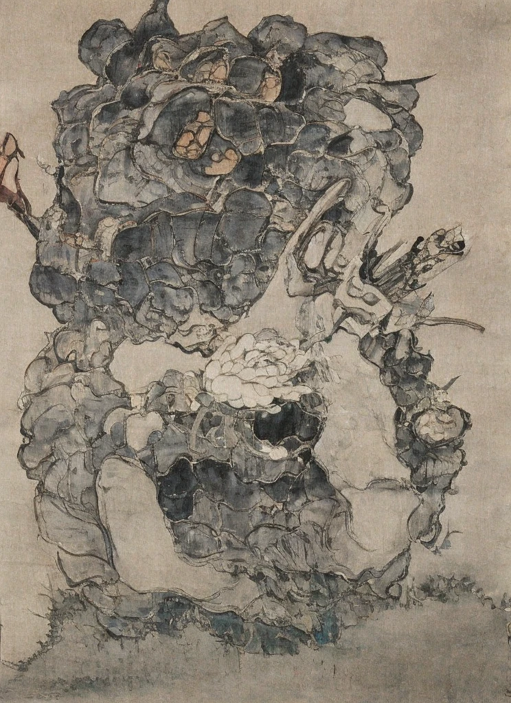(masterpiece), (High resolution), (Very delicate), (masterpiece: 1.2, highest quality), ((pierce;Put your hands forward)), scribble, nightmare, Doll-like face, Manga style, rough sketch, Manga styleイラスト, (Horror elements), Japanese painting, whole body,(snap shot), (Spooky), Japan sculpture,old picture scroll style, old staging, Ancient mural style, crazy illustration, Dark atmosphere, Flat Illustration, Spookyな外観, A very distinctive hairstyle, disheveled blonde hair、creative accessories, Unique atmosphere、Punk Kimono、Girl punching