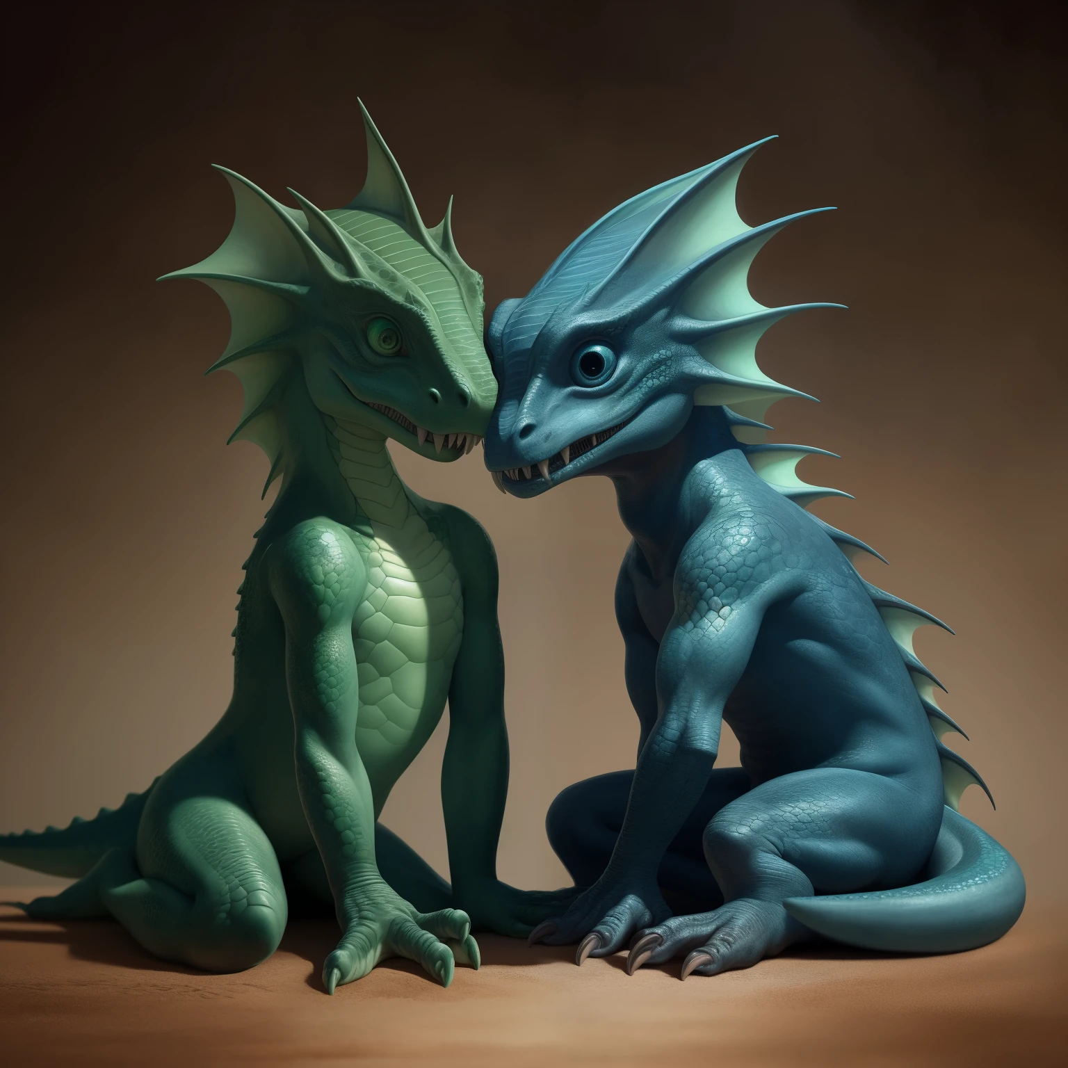 A beautiful and detailed full-size portrait of a young girl with monster features, sitting realistically next to a faceless, male figurine. The girl's monster appearance includes sharp fangs, scaly skin, and large, expressive eyes. Her intricately textured scales shimmer in the cenematic lighting, with a mix of blue and green hues, creating a mesmerizing contrast against the soft, earthy tones of the background. The boy, on the other hand, is depicted as a slender, realistic human figure, his anatomy accurately portrayed. They share the same plane, their proximity suggesting a deep connection, with the girl's eyes locked on the viewer,