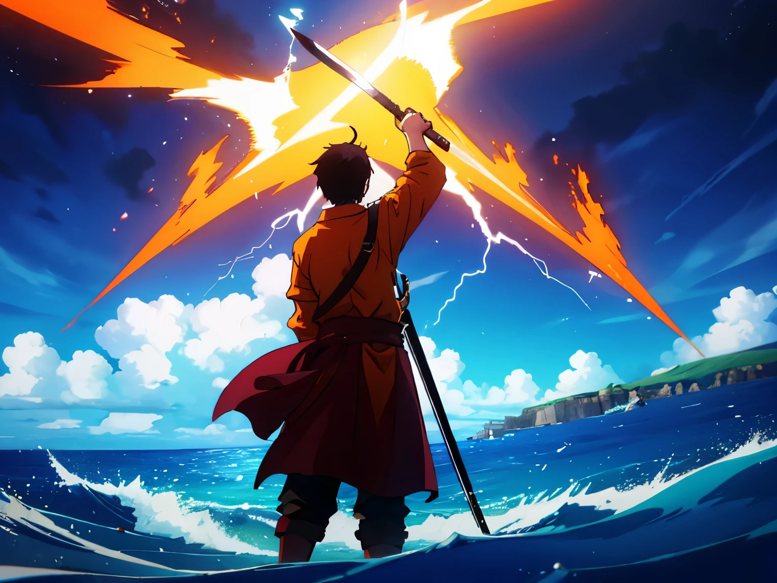 Boy with black hair raising his one broadsword in the air with orange shirt. Back view standing on the ocean storm blue lightning