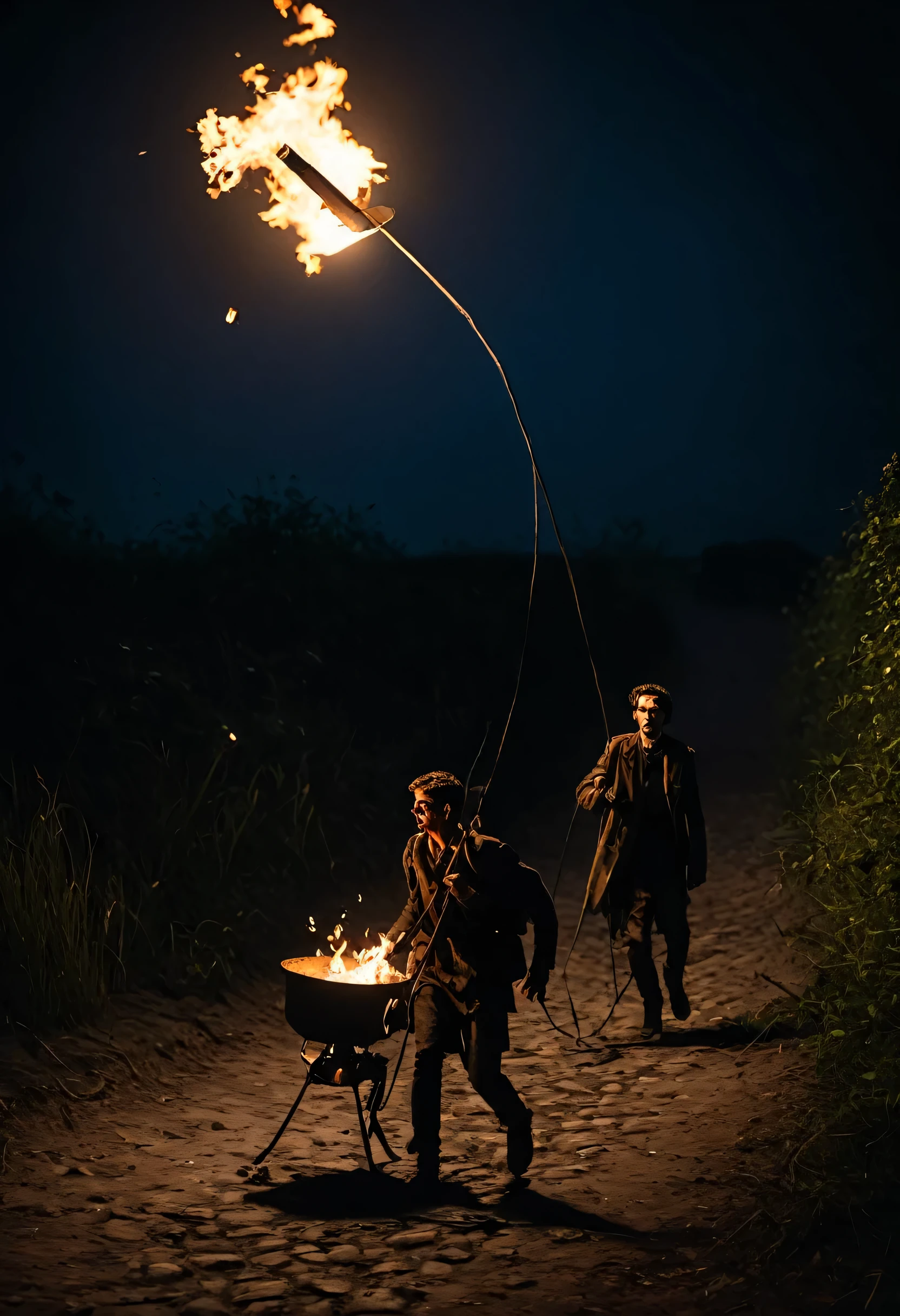 legion of ragged people following two people, one pulling a brazier and the other pushing it to light the dark path, behind the legion of people a man follows them flying