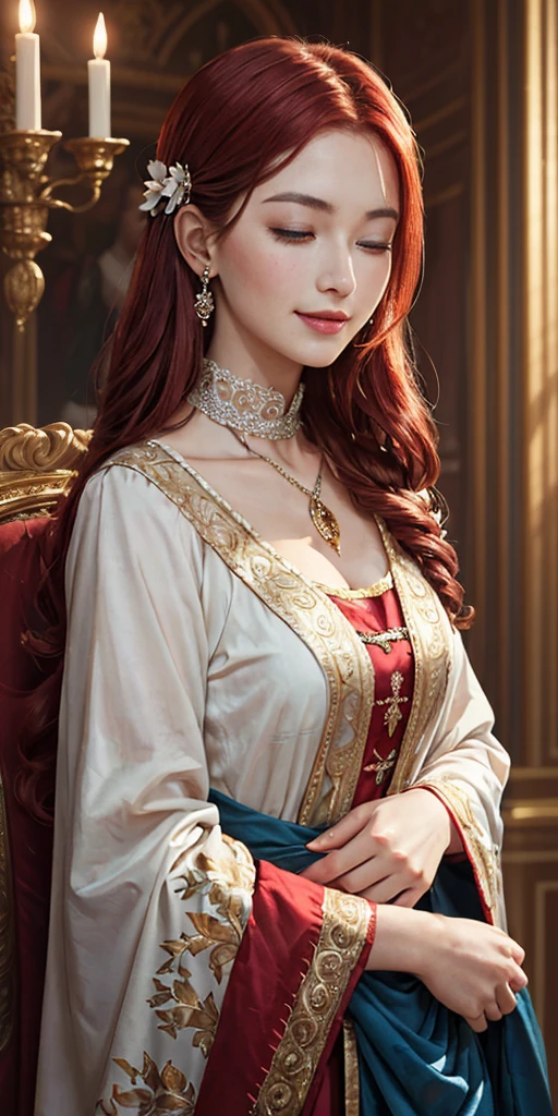 A girl with red hair and blue eyes, wearing noble clothes, with a gentle smile, in a Palace environment. (Eight :1.8) [vibrant colors] [oil painting] [detailed background] [soft lighting] [high resolution] [elegant atmosphere] [beautifully detailed eyes] [beautifully detailed lips] [long eyelashes] hugging a young man with red hair, the young man has closed eyes and royal clothes, pale skin and enviable beauty